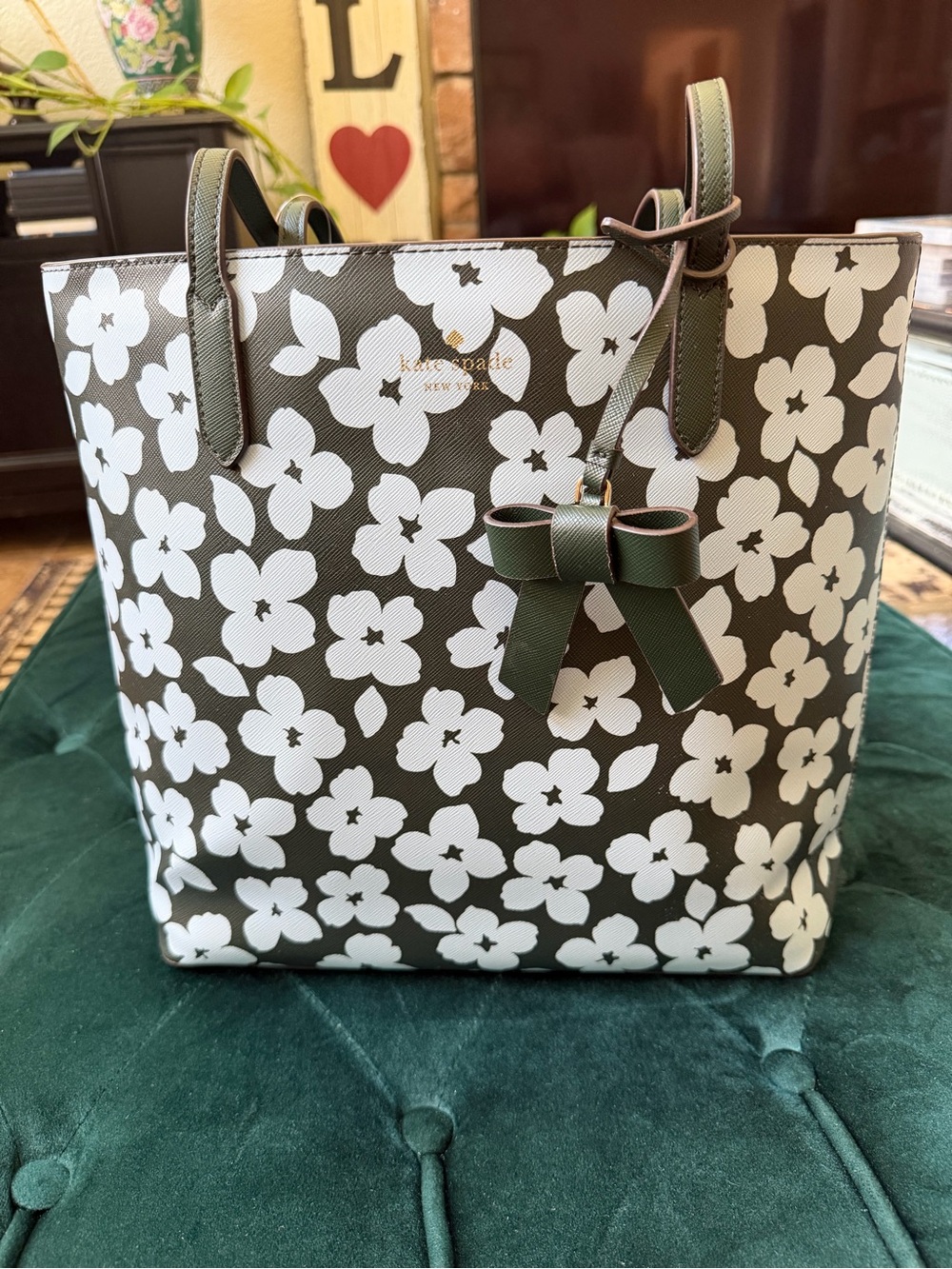 Kate Spade New York Brynn Olive and White Floral Bow Tote